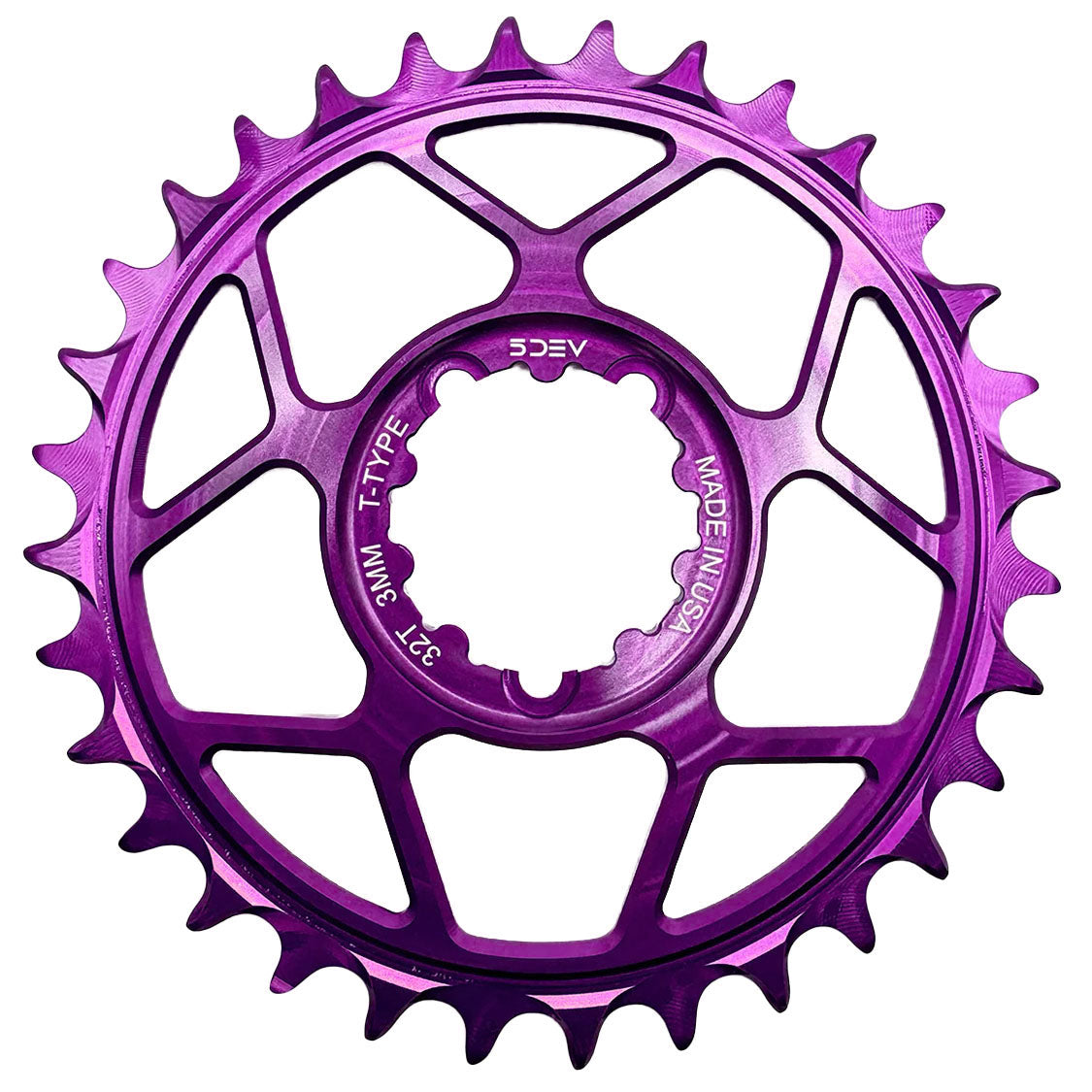 5Dev T-Type 3-Bolt Chainring, 3mm Offset, 32T, Purple-0